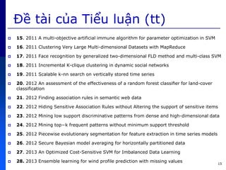 15
Đề tài c a Tiểu luận (tt)
 15. 2011 A multi-objective artificial immune algorithm for parameter optimization in SVM
 16. 2011 Clustering Very Large Multi-dimensional Datasets with MapReduce
 17. 2011 Face recognition by generalized two-dimensional FLD method and multi-class SVM
 18. 2011 Incremental K-clique clustering in dynamic social networks
 19. 2011 Scalable k-nn search on vertically stored time series
 20. 2012 An assessment of the effectiveness of a random forest classiﬁer for land-cover
classification
 21. 2012 Finding association rules in semantic web data
 22. 2012 Hiding Sensitive Association Rules without Altering the support of sensitive items
 23. 2012 Mining low support discriminative patterns from dense and high-dimensional data
 24. 2012 Mining top−k frequent patterns without minimum support threshold
 25. 2012 Piecewise evolutionary segmentation for feature extraction in time series models
 26. 2012 Secure Bayesian model averaging for horizontally partitioned data
 27. 2013 An Optimized Cost-Sensitive SVM for Imbalanced Data Learning
 28. 2013 Ensemble learning for wind profile prediction with missing values
 