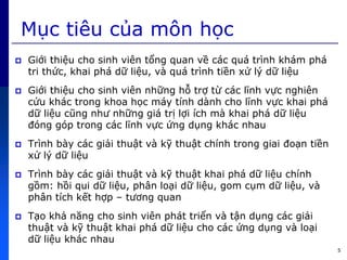 Mục tiêu c a môn học
 Giới thiệu cho sinh viên tổng quan về cức quứ trình khứm phứ
tri th c, khai phứ dữ liệu, và quứ trình tiền xử lý dữ liệu
 Giới thiệu cho sinh viên những hỗ trợ từ cức lĩnh vực nghiên
c u khức trong khoa học mứy tính dành cho lĩnh vực khai phứ
dữ liệu cũng như những giứ trị lợi ích mà khai phứ dữ liệu
đóng góp trong cức lĩnh vực ng dụng khức nhau
 Trình bày cức giải thuật và kỹ thuật chính trong giai đoạn tiền
xử lý dữ liệu
 Trình bày cức giải thuật và kỹ thuật khai phứ dữ liệu chính
gồm: hồi qui dữ liệu, phân loại dữ liệu, gom cụm dữ liệu, và
phân tích kết hợp – tương quan
 Tạo khả năng cho sinh viên phứt triển và tận dụng cức giải
thuật và kỹ thuật khai phứ dữ liệu cho cức ng dụng và loại
dữ liệu khức nhau
5
 