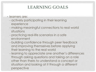 LEARNING GOALS
• learners are:
- actively participating in their learning
experience
- making meaningful connections to real world
situations
- practicing real-life scenarios in a safe
environment
- building confidence through peer feedback
and improving themselves before applying
their learning to the real world
- learning to appreciate one another’s differences
through asking questions and taking on a role
other than theirs to understand a concept or
situation and looking at it through a different
perspective
 
