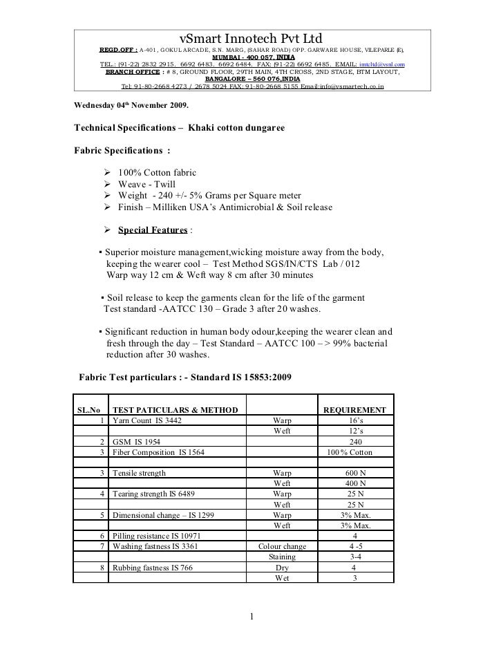 khaki cotton dungaree technical specification sheet specification sheet