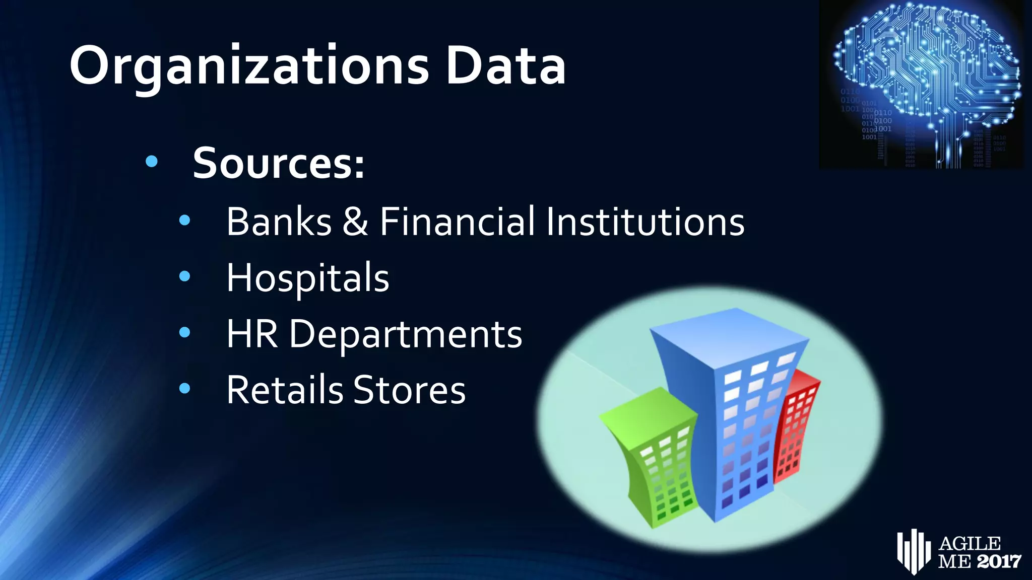 Organizations Data
• Sources:
• Banks & Financial Institutions
• Hospitals
• HR Departments
• Retails Stores
 
