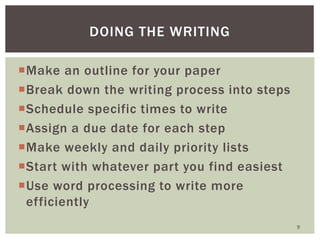 Make an outline for your paper
Break down the writing process into steps
Schedule specific times to write
Assign a due...