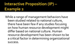 While a range of management behaviors have
been studied related to national culture,
there have been few if any studies focusing
on how human resource development might
differ based on national culture. Human
resource development has been shown to be
a critical factor in determining organizational
success.
 