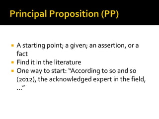  A starting point; a given; an assertion, or a
fact
 Find it in the literature
 One way to start: “According to so and so
(2012), the acknowledged expert in the field,
...”
 
