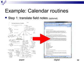 Example: Calendar routines
   Step 1: translate field notes (optional)




            paper                        digital   55
 