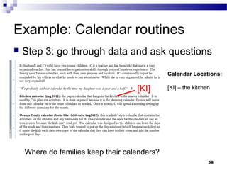 Example: Calendar routines
   Step 3: go through data and ask questions

                                              Calendar Locations:

                                    [KI]      [KI] – the kitchen




    Where do families keep their calendars?
                                                               58
 