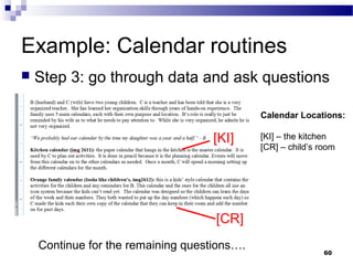 Example: Calendar routines
   Step 3: go through data and ask questions

                                             Calendar Locations:

                                    [KI]     [KI] – the kitchen
                                             [CR] – child’s room




                                    [CR]
    Continue for the remaining questions….                   60
 