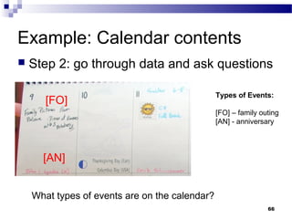 Example: Calendar contents
   Step 2: go through data and ask questions

                                                Types of Events:
       [FO]
                                                [FO] – family outing
                                                [AN] - anniversary




      [AN]


    What types of events are on the calendar?
                                                                66
 