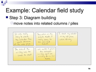 Example: Calendar field study
   Step 3: Diagram building
     move   notes into related columns / piles




                                                  78
 