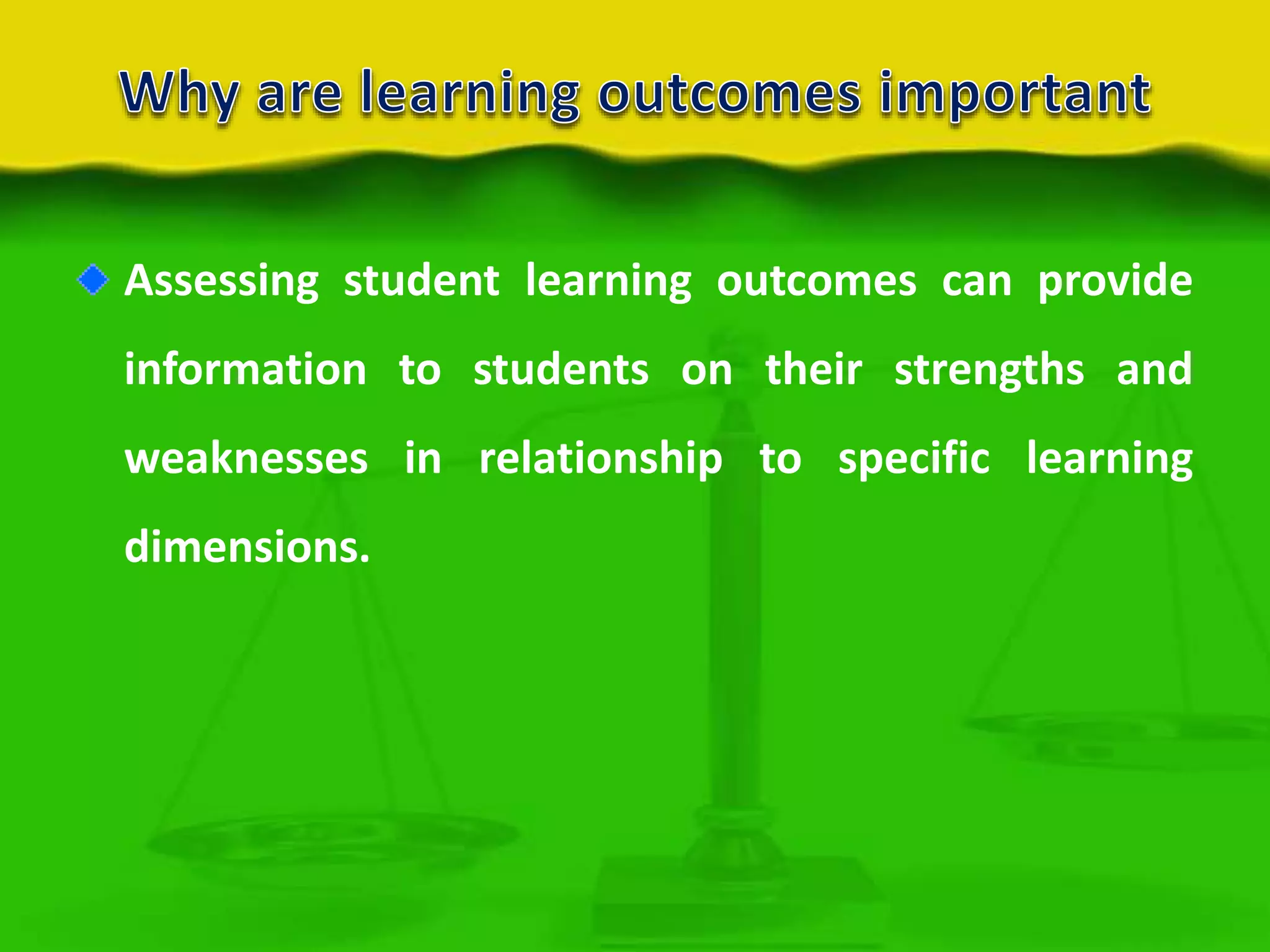Assessing student learning outcomes can provide
information to students on their strengths and
weaknesses in relationship to specific learning
dimensions.

 