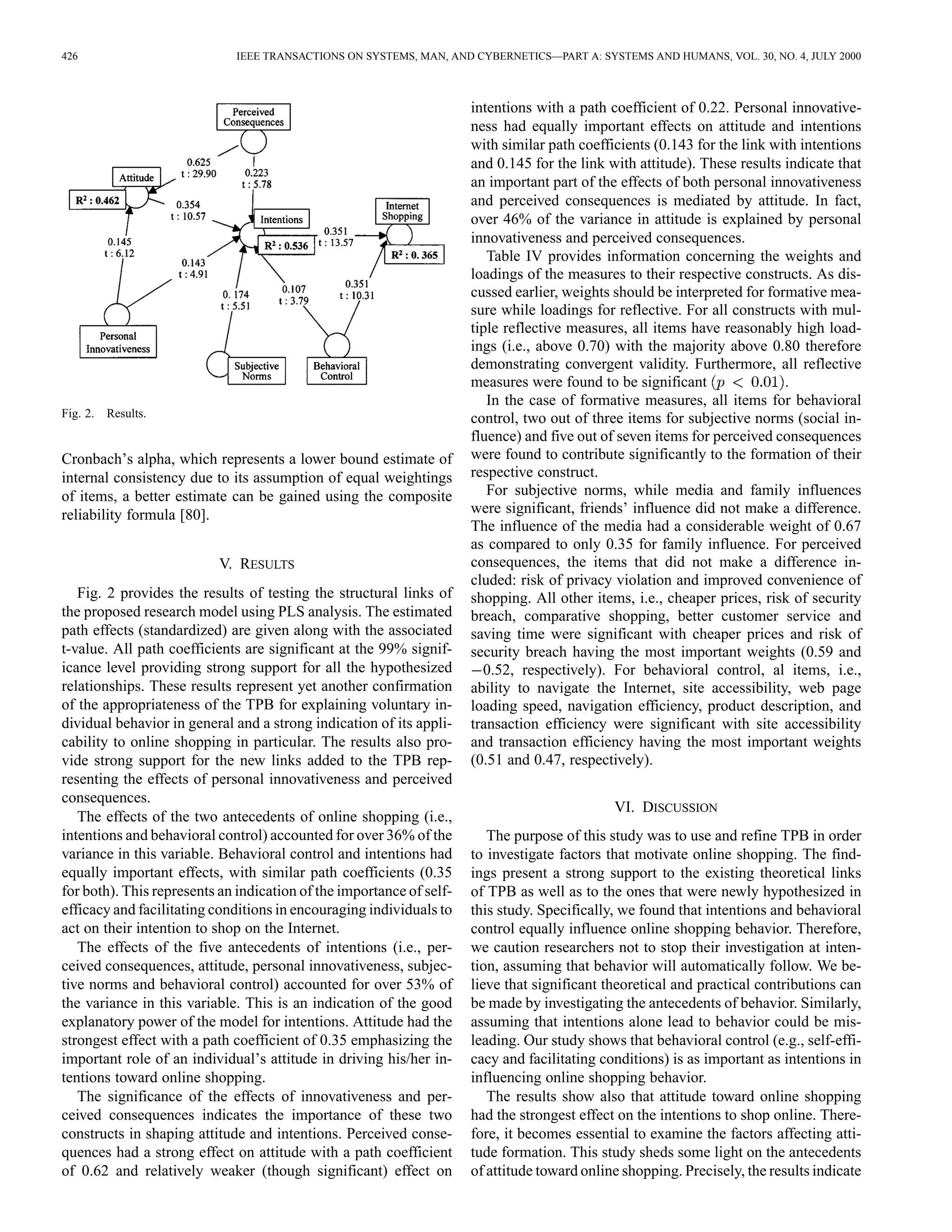 426 IEEE TRANSACTIONS ON SYSTEMS, MAN, AND CYBERNETICS—PART A: SYSTEMS AND HUMANS, VOL. 30, NO. 4, JULY 2000 
Fig. 2. Results. 
Cronbach’s alpha, which represents a lower bound estimate of 
internal consistency due to its assumption of equal weightings 
of items, a better estimate can be gained using the composite 
reliability formula [80]. 
V. RESULTS 
Fig. 2 provides the results of testing the structural links of 
the proposed research model using PLS analysis. The estimated 
path effects (standardized) are given along with the associated 
t-value. All path coefficients are significant at the 99% signif-icance 
level providing strong support for all the hypothesized 
relationships. These results represent yet another confirmation 
of the appropriateness of the TPB for explaining voluntary in-dividual 
behavior in general and a strong indication of its appli-cability 
to online shopping in particular. The results also pro-vide 
strong support for the new links added to the TPB rep-resenting 
the effects of personal innovativeness and perceived 
consequences. 
The effects of the two antecedents of online shopping (i.e., 
intentions and behavioral control) accounted for over 36% of the 
variance in this variable. Behavioral control and intentions had 
equally important effects, with similar path coefficients (0.35 
for both). This represents an indication of the importance of self-efficacy 
and facilitating conditions in encouraging individuals to 
act on their intention to shop on the Internet. 
The effects of the five antecedents of intentions (i.e., per-ceived 
consequences, attitude, personal innovativeness, subjec-tive 
norms and behavioral control) accounted for over 53% of 
the variance in this variable. This is an indication of the good 
explanatory power of the model for intentions. Attitude had the 
strongest effect with a path coefficient of 0.35 emphasizing the 
important role of an individual’s attitude in driving his/her in-tentions 
toward online shopping. 
The significance of the effects of innovativeness and per-ceived 
consequences indicates the importance of these two 
constructs in shaping attitude and intentions. Perceived conse-quences 
had a strong effect on attitude with a path coefficient 
of 0.62 and relatively weaker (though significant) effect on 
intentions with a path coefficient of 0.22. Personal innovative-ness 
had equally important effects on attitude and intentions 
with similar path coefficients (0.143 for the link with intentions 
and 0.145 for the link with attitude). These results indicate that 
an important part of the effects of both personal innovativeness 
and perceived consequences is mediated by attitude. In fact, 
over 46% of the variance in attitude is explained by personal 
innovativeness and perceived consequences. 
Table IV provides information concerning the weights and 
loadings of the measures to their respective constructs. As dis-cussed 
earlier, weights should be interpreted for formative mea-sure 
while loadings for reflective. For all constructs with mul-tiple 
reflective measures, all items have reasonably high load-ings 
(i.e., above 0.70) with the majority above 0.80 therefore 
demonstrating convergent validity. Furthermore, all reflective 
measures were found to be significant . 
In the case of formative measures, all items for behavioral 
control, two out of three items for subjective norms (social in-fluence) 
and five out of seven items for perceived consequences 
were found to contribute significantly to the formation of their 
respective construct. 
For subjective norms, while media and family influences 
were significant, friends’ influence did not make a difference. 
The influence of the media had a considerable weight of 0.67 
as compared to only 0.35 for family influence. For perceived 
consequences, the items that did not make a difference in-cluded: 
risk of privacy violation and improved convenience of 
shopping. All other items, i.e., cheaper prices, risk of security 
breach, comparative shopping, better customer service and 
saving time were significant with cheaper prices and risk of 
security breach having the most important weights (0.59 and 
0.52, respectively). For behavioral control, al items, i.e., 
ability to navigate the Internet, site accessibility, web page 
loading speed, navigation efficiency, product description, and 
transaction efficiency were significant with site accessibility 
and transaction efficiency having the most important weights 
(0.51 and 0.47, respectively). 
VI. DISCUSSION 
The purpose of this study was to use and refine TPB in order 
to investigate factors that motivate online shopping. The find-ings 
present a strong support to the existing theoretical links 
of TPB as well as to the ones that were newly hypothesized in 
this study. Specifically, we found that intentions and behavioral 
control equally influence online shopping behavior. Therefore, 
we caution researchers not to stop their investigation at inten-tion, 
assuming that behavior will automatically follow. We be-lieve 
that significant theoretical and practical contributions can 
be made by investigating the antecedents of behavior. Similarly, 
assuming that intentions alone lead to behavior could be mis-leading. 
Our study shows that behavioral control (e.g., self-effi-cacy 
and facilitating conditions) is as important as intentions in 
influencing online shopping behavior. 
The results show also that attitude toward online shopping 
had the strongest effect on the intentions to shop online. There-fore, 
it becomes essential to examine the factors affecting atti-tude 
formation. This study sheds some light on the antecedents 
of attitude toward online shopping. Precisely, the results indicate 
 