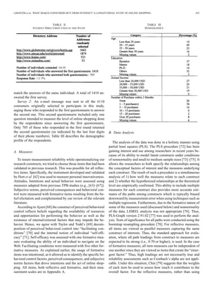 LIMAYEM et al.: WHAT MAKES CONSUMERS BUY FROM INTERNET? A LONGITUDINAL STUDY OF ONLINE SHOPPING 425 
TABLE II 
INTERNET DIRECTORIES USED IN THIS STUDY 
match the answers of the same individual. A total of 1410 an-swered 
the first survey. 
Survey 2: An e-mail message was sent to all the 6110 
consumers originally selected to participate in this study, 
urging those who responded to the first questionnaire to answer 
the second one. This second questionnaire included only one 
question intended to measure the level of online shopping done 
by the respondents since answering the first questionnaire. 
Only 705 of those who responded in the first round returned 
the second questionnaire (as indicated by the last four digits 
of their phone numbers). Table III describes the demographic 
profile of the respondents. 
A. Measures 
To insure measurement reliability while operationalizing our 
research constructs, we tried to choose those items that had been 
validated in previous research. This was possible for all reflec-tive 
items. Specifically, the instrument developed and validated 
by Hurt et al. [62] was used to measure personal innovativeness. 
Attitudes, Intentions and actual behavior were assessed using 
measures adapted from previous TPB studies (e.g., [63]–[67]). 
Subjective norms, perceived consequences and behavioral con-trol 
were measured with formative items resulting from the be-lief 
elicitation and complemented by our review of the relevant 
literature. 
According to Ajzen [68] the construct of perceived behavioral 
control reflects beliefs regarding the availability of resources 
and opportunities for performing the behavior as well as the 
existence of internal/external factors that may impede the be-havior. 
Hence, we agree with Taylor and Todd’s [69] decom-position 
of perceived behavioral control into “facilitating con-ditions” 
[70] and the internal notion of individual “self-effi-cacy” 
[71]. Self-efficacy was assessed with one formative mea-sure 
evaluating the ability of an individual to navigate on the 
Web. Facilitating conditions were measured with five other for-mative 
measures. As explained earlier, the usage of formative 
items was intentional, as it allowed us to identify the specific be-havioral 
control factors, perceived consequences, and subjective 
norms factors that drove intentions and the act of online shop-ping. 
All items, both reflective and formative, and their mea-surement 
scales are in Appendix A. 
TABLE III 
DEMOGRAPHICS 
B. Data Analysis 
The analysis of the data was done in a holistic manner using 
partial least squares (PLS). The PLS procedure [72] has been 
gaining interest and use among researchers in recent years be-cause 
of its ability to model latent constructs under conditions 
of nonnormality and small to medium sample sizes [73]–[75]. It 
allows the researchers to both specify the relationships among 
the conceptual factors of interest and the measures underlying 
each construct. The result of such a procedure is a simultaneous 
analysis of 1) how well the measures relate to each construct 
and 2) whether the hypothesized relationships at the theoretical 
level are empirically confirmed. This ability to include multiple 
measures for each construct also provides more accurate esti-mates 
of the paths among constructs which is typically biased 
downward by measurement error when using techniques such as 
multiple regression. Furthermore, due to the formative nature of 
some of the measures used (discussed below) and nonnormality 
of the data, LISREL analysis was not appropriate [76]. Thus, 
PLS-Graph version 2.91.02 [77] was used to perform the anal-ysis. 
Tests of significance for all paths were conducted using the 
bootstrap resampling procedure [78]. For reflective measures, 
all items are viewed as parallel measures capturing the same 
construct of interests. Thus, the standard approach for evalu-ation, 
where all path loadings from construct to measures are 
expected to be strong (i.e., 0.70 or higher), is used. In the case 
of formative measures, all item measures can be independent of 
one another since they are viewed as items that create the “emer-gent 
factor.” Thus, high loadings are not necessarily true and 
reliability assessments such as Cronbach’s alpha are not appli-cable. 
Under this situation, Chin [79] suggests that the weights 
of each item be used to assess how much it contributes to the 
overall factor. For the reflective measures, rather than using 
 