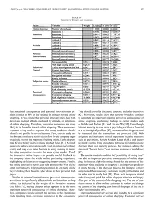 LIMAYEM et al.: WHAT MAKES CONSUMERS BUY FROM INTERNET? A LONGITUDINAL STUDY OF ONLINE SHOPPING 427 
TABLE IV 
CONSTRUCT WEIGHTS AND LOADINGS 
that perceived consequences and personal innovativeness ex-plain 
as much as 46% of the variance in attitudes toward online 
shopping. It was found that personal innovativeness has both 
direct and indirect effects, mediated by attitude, on intentions 
of online shopping. Therefore, innovative consumers are more 
likely to be favorable toward online shopping. These consumers 
represent a key market segment that many marketers should 
identify and profile for several reasons. First, sales to early on-line 
buyers constitute a positive cash flowfor the company eager 
to quickly recover the expenses of selling online. Early adopters 
may be also heavy users in many product fields [81]. Second, 
successful sales to innovators could result in online market lead-ership 
and may even raise barriers to entry making it harder 
for other competitors to enter the same cyber market. Third, 
the innovative online buyers can provide useful feedback to 
the company about the whole online purchasing experience, 
highlighting deficiencies or suggesting improvements. Finally, 
the online innovative buyers can help promote the Web site to 
other Internet users. It is becoming common to see many online 
buyers linking their favorite cyber stores to their personal Web 
pages. 
Similar to personal innovativeness, perceived consequences 
were found to significantly affect attitude and intentions to shop 
online. As indicated by the weight of its formative measure 
(see Table IV), paying cheaper prices appears to be the most 
important perceived consequence of online shopping. There-fore, 
companies should convert the savings in the operational 
costs resulting from electronic commerce to the consumers. 
They should also offer discounts, coupons, and other incentives 
[82]. Moreover, results show that security breaches continue 
to constitute an important negative perceived consequence of 
online shopping, confirming findings in earlier studies such 
as Gehrke and Turban [83] and Ho and Wu [83]. Even though 
Internet security is now more a psychological than a financial 
or a technological problem [85], nervous online shoppers must 
be reassured that the transactions are protected [86]. Web 
designers and marketers should implement security measures 
such as encyptions, Secure Sockets Layer (SSL), and secure 
payment systems. They should also publicize to potential online 
shoppers their own security policies. For instance, adding the 
statement “Secure Server” can increase customers’ confidence 
[87]. 
The results also indicated that the “possibility of saving time” 
was also an important perceived consequence of online shop-ping. 
Bellman et al.(Forthcoming) found that the amount of dis-cretionary 
time available to shoppers is an important predictor 
of online buying. If the checkout process, for example, is more 
complicated than necessary, customers might get frustrated and 
the sales can be easily lost [88]. Thus, web designers should 
make it easy and quick for online shoppers to review and empty 
all or part of the content of the shopping cart. The use of con-sistent 
menus to allow online customers to review and change 
the content of the shopping cart from all the pages of the site is 
highly recommended [89]. 
Improved customer service was also found to be a significant 
perceived consequence of online shopping. Customer service 
 