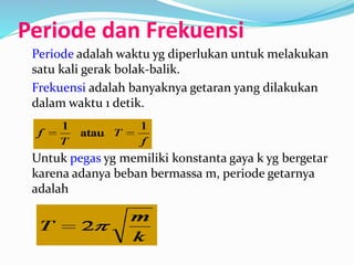 Periode dan Frekuensi
Periode adalah waktu yg diperlukan untuk melakukan
satu kali gerak bolak-balik.
Frekuensi adalah banyaknya getaran yang dilakukan
dalam waktu 1 detik.
Untuk pegas yg memiliki konstanta gaya k yg bergetar
karena adanya beban bermassa m, periode getarnya
adalah
 