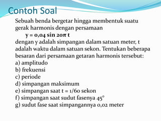 Contoh Soal
Sebuah benda bergetar hingga membentuk suatu
gerak harmonis dengan persamaan
y = 0,04 sin 20π t
dengan y adalah simpangan dalam satuan meter, t
adalah waktu dalam satuan sekon. Tentukan beberapa
besaran dari persamaan getaran harmonis tersebut:
a) amplitudo
b) frekuensi
c) periode
d) simpangan maksimum
e) simpangan saat t = 1/60 sekon
f) simpangan saat sudut fasenya 45°
g) sudut fase saat simpangannya 0,02 meter
 