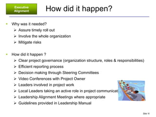 Executive
     Alignment          How did it happen?
   Why was it needed?
      Assure timely roll out
      Involve the whole organization
      Mitigate risks


   How did it happen ?
      Clear project governance (organization structure, roles & responsibilities)
      Efficient reporting process
      Decision making through Steering Committees
      Video Conferences with Project Owner
      Leaders involved in project work
      Local Leaders taking an active role in project communication
      Leadership Alignment Meetings where appropriate
      Guidelines provided in Leadership Manual

                                                                                 Slide 16
 