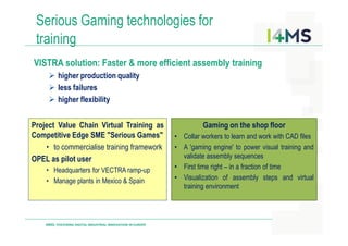 Serious Gaming technologies for
training
VISTRA solution: Faster & more efficient assembly training
higher production quality
less failures
higher flexibility
Project Value Chain Virtual Training as Gaming on the shop floor
I4MS: FOSTERING DIGITAL INDUSTRIAL INNOVATION IN EUROPE
Project Value Chain Virtual Training as
Competitive Edge SME "Serious Games"
• to commercialise training framework
OPEL as pilot user
• Headquarters for VECTRA ramp-up
• Manage plants in Mexico & Spain
Gaming on the shop floor
• Collar workers to learn and work with CAD files
• A 'gaming engine' to power visual training and
validate assembly sequences
• First time right – in a fraction of time
• Visualization of assembly steps and virtual
training environment
 