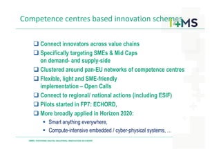 Competence centres based innovation schemes
Connect innovators across value chains
Specifically targeting SMEs & Mid Caps
on demand- and supply-side
Clustered around pan-EU networks of competence centres
Flexible, light and SME-friendly
I4MS: FOSTERING DIGITAL INDUSTRIAL INNOVATION IN EUROPE
Flexible, light and SME-friendly
implementation – Open Calls
Connect to regional/ national actions (including ESIF)
Pilots started in FP7: ECHORD,
More broadly applied in Horizon 2020:
Smart anything everywhere,
Compute-intensive embedded / cyber-physical systems, …
 