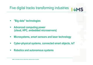 Five digital tracks transforming industries
"Big data" technologies
Advanced computing power
(cloud, HPC, embedded microservers)
I4MS: FOSTERING DIGITAL INDUSTRIAL INNOVATION IN EUROPE
Microsystems, smart sensors and laser technology
Cyber-physical systems, connected smart objects, IoT
Robotics and autonomous systems
 