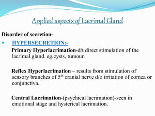 Disorder of secretion-
 HYPERSECRETION:-
Primary Hyperlacrimation-d/t direct stimulation of the
lacrimal gland. eg.cysts, tumour.
Reflex Hyperlacrimation – results from stimulation of
sensory branches of 5th cranial nerve d/o irritation of cornea or
conjunctiva.
Central Lacrimation-(psychical lacrimation)-seen in
emotional stage and hysterical lacrimation.
Applied aspects of Lacrimal Gland
 