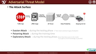 • The Attack Surface
• Evasion Attack :: during the testing phase (* the most common type of attack!)
• Poisoning Attack :: during the training time
• Exploratory Attack :: during the testing phase (Given black box access to the model
Robustness of Deep Neural Networks Mohammad Khalooei | khalooei@aut.ac.ir
Adversarial Threat Model
try to gain as much knowledge as possible)
http://fna.ir/a5g
48 of 84
 
