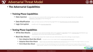 • The Adversarial Capabilities
• Training Phase Capabilities
• Data Injection :: does not have any access to the training data as well as to the learning algorithm but has ability to
• Data Modification :: does not have access to the learning algorithm but has full access to the training data
• Logic Corruption :: meddle with the learning algorithm
• Testing Phase Capabilities
• White-Box Attacks :: an adversary has total knowledge about the model (f), algorithm (train), training data distribution (𝜇),
• Black-Box Attacks :: no knowledge about the model and uses information about the settings or past inputs
• Non-Adaptive Black-Box Attack :: only gets access to the target model’s training data distribution (μ)
• Adaptive Black-Box Attack :: doesn’t have any information regarding the training process but can access the target model as an oracle
• Strict Black-Box Attack :: may not contain the data distribution(μ) but has the ability to collect the input-output pairs(x,y) from the
Robustness of Deep Neural Networks Mohammad Khalooei | khalooei@aut.ac.ir
Adversarial Threat Model
augment a new data to the training set
target classifier. However, he can not change the inputs to observe the changes in output like an adaptive attack procedure
parameters (𝜃) of the fully trained model architecture
http://fna.ir/a5g
50 of 84
 
