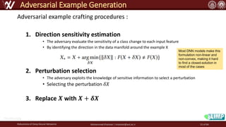 Adversarial example crafting procedures :
1. Direction sensitivity estimation
• The adversary evaluate the sensitivity of a class change to each input feature
• By identifying the direction in the data manifold around the example X
2. Perturbation selection
• The adversary exploits the knowledge of sensitive information to select a perturbation
• Selecting the perturbation 𝛿𝑋
3. Replace 𝑿 with 𝑿 + 𝜹𝑿
Robustness of Deep Neural Networks Mohammad Khalooei | khalooei@aut.ac.ir
Adversarial Example Generation
Most DNN models make this
formulation non-linear and
non-convex, making it hard
to find a closed-solution in
most of the cases
http://fna.ir/a5g
53 of 84
 