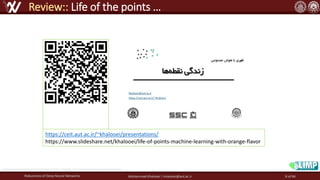Robustness of Deep Neural Networks Mohammad Khalooei | khalooei@aut.ac.ir
Review:: Life of the points …
https://www.slideshare.net/khalooei/life-of-points-machine-learning-with-orange-flavor
https://ceit.aut.ac.ir/~khalooei/presentations/
https://www.slideshare.net/khalooei/life-of-points-machine-learning-with-orange-flavor
8 of 84
 