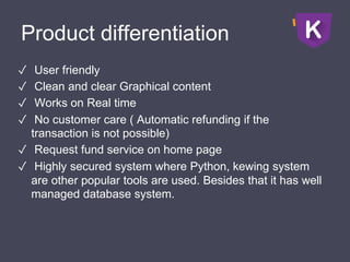 Product differentiation
✓ User friendly
✓ Clean and clear Graphical content
✓ Works on Real time
✓ No customer care ( Automatic refunding if the
transaction is not possible)
✓ Request fund service on home page
✓ Highly secured system where Python, kewing system
are other popular tools are used. Besides that it has well
managed database system.
 