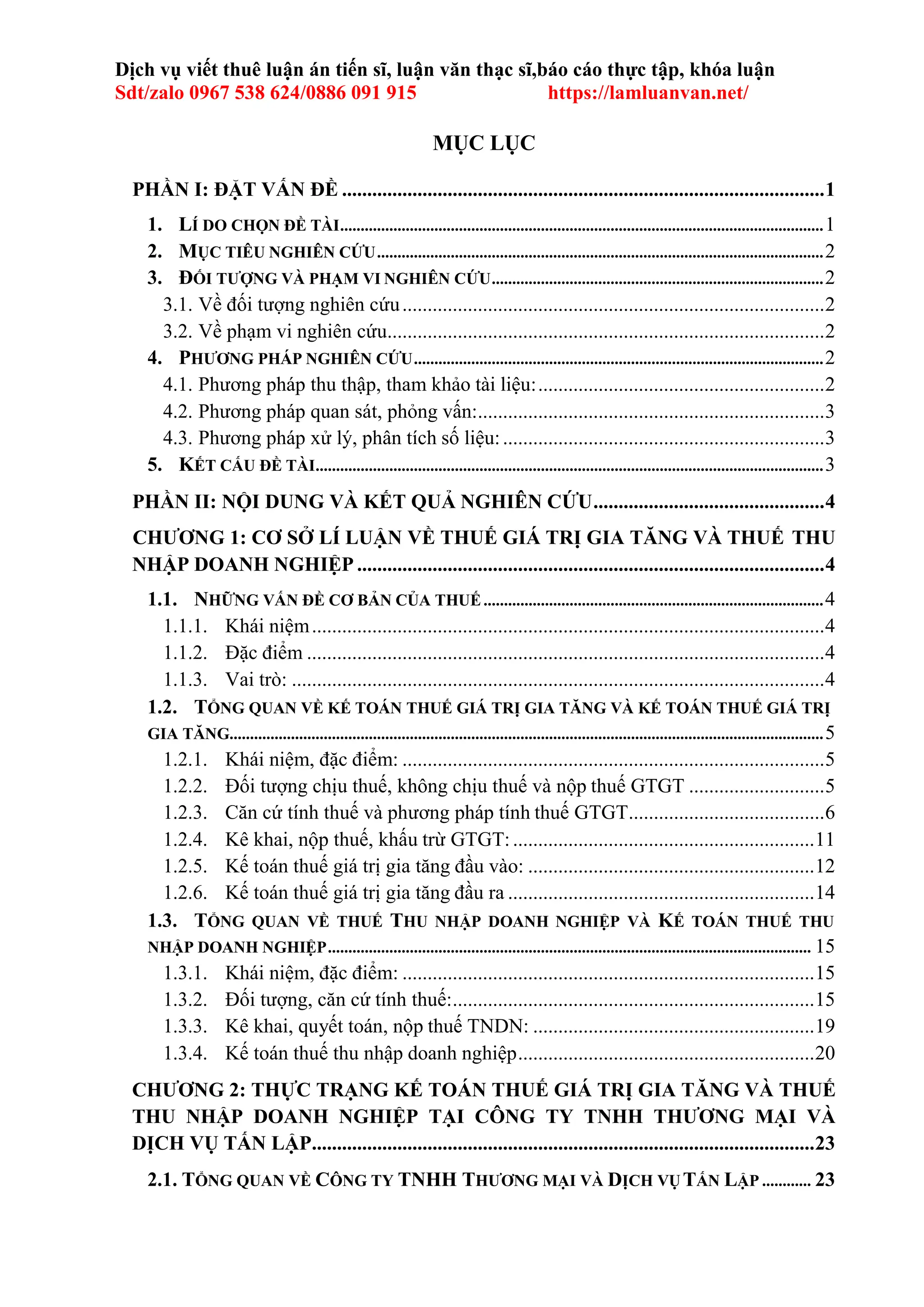 Đề Tài Khóa luận 2024 Thực trạng công tác kế toán thuế GTGT và thuế TNDN  tại Công ty TNHH Thương mại và Dịch vụ Tấn Lập | DOCX