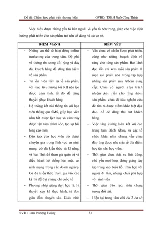Đề tài: Chiến lược phát triển thương hiệu GVHD: TSKH Ngô Công Thành
SVTH: Lưu Phượng Hoàng 33
Việc hiểu được những yếu tố bên ngoài và yếu tố bên trong, giúp cho việc định
hướng phát triển cho sản phẩm trở nên dể dàng và có cơ sở.
ĐIỂM MẠNH ĐIỂM YẾU
- Những ưu thế từ hoạt động online
marketing của trung tâm. Độ phủ
về thông tin tương đối rộng và đầy
đủ, khách hàng dể dàng tìm kiếm
về sản phẩm.
- Tư vấn viên nắm rõ về sản phẩm,
với mục tiêu hướng tới KH nên tạo
được cảm tình, từ đó dể dàng
thuyết phục khách hàng.
- Hệ thống kết nối thông tin với học
viên thông qua SMS, giúp học viên
nắm bắt được lịch học và cảm thấy
được tận tâm chăm sóc, tạo sự hài
long cao hơn
- Đào tạo cho học viên trở thành
chuyên gia trong lĩnh vực an ninh
mạng: có đủ kiến thức và kĩ năng,
và bản lĩnh để tham gia quản trị và
điều hành hệ thống bảo mật, an
ninh mạng trong các doanh nghiệp.
Có đủ kiến thức tham gia vào các
kỳ thi để đạt chứng chỉ quốc tế
- Phương pháp giảng dạy: hợp lý, lý
thuyết xen kẽ thực hành, từ đơn
giản đến chuyên sâu. Giáo trình
- Vẫn chưa có chiến lược phát triển,
cũng như những hoạch định rõ
ràng cho từng sản phẩm. Ban lãnh
đạo vẫn chỉ xem mỗi sản phẩm là
một sản phẩm nhỏ trong tập hợp
những sản phẩm mà Athena cung
cấp. Chưa có người chịu trách
nhiệm phát triển cho từng nhóm
sản phẩm, chưa đi sâu nghiên cứu
để tìm ra được điểm khác biệt độc
đáo, để dể dàng thu hút khách
hàng.
- Việc tăng cường liên kết với các
trung tâm Bách Khoa, và các tổ
chức khác nhìn chung vẫn chưa
đáp ứng được nhu cầu về địa điểm
học tập cho học viên.
- Thời gian chưa thật sự linh động,
chủ yếu mọi hoạt động giảng dạy
tập trung vào buổi tối. Phù hợp với
người đi làm, nhưng chưa phù hợp
với sinh viên
- Thời gian đào tạo, nhìn chung
tương đối dài.
- Hiện tại trung tâm chỉ có 2 cơ sở
 