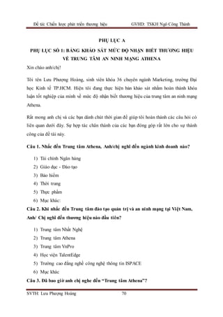 Đề tài: Chiến lược phát triển thương hiệu GVHD: TSKH Ngô Công Thành
SVTH: Lưu Phượng Hoàng 70
PHỤ LỤC A
PHỤ LỤC SỐ 1: BẢNG KHẢO SÁT MỨC ĐỘ NHẬN BIẾT THƯƠNG HIỆU
VỀ TRUNG TÂM AN NINH MẠNG ATHENA
Xin chào anh/chị!
Tôi tên Lưu Phượng Hoàng, sinh viên khóa 36 chuyên ngành Marketing, trường Đại
học Kinh tế TP.HCM. Hiện tôi đang thực hiện bản khảo sát nhằm hoàn thành khóa
luận tốt nghiệp của mình về mức độ nhận biết thương hiệu của trung tâm an ninh mạng
Athena.
Rất mong anh chị và các bạn dành chút thời gian để giúp tôi hoàn thành các câu hỏi có
liên quan dưới đây. Sự hợp tác chân thành của các bạn đóng góp rất lớn cho sự thành
công của đề tài này.
Câu 1. Nhắc đến Trung tâm Athena, Anh/chị nghĩ đến ngành kinh doanh nào?
1) Tài chính Ngân hàng
2) Giáo dục - Đào tạo
3) Bảo hiểm
4) Thời trang
5) Thực phẩm
6) Mục khác:
Câu 2. Khi nhắc đến Trung tâm đào tạo quản trị và an ninh mạng tại Việt Nam,
Anh/ Chị nghĩ đến thương hiệu nào đầu tiên?
1) Trung tâm Nhất Nghệ
2) Trung tâm Athena
3) Trung tâm VnPro
4) Học viện TalentEdge
5) Trường cao đẳng nghề công nghệ thông tin ISPACE
6) Mục khác
Câu 3. Đã bao giờ anh chị nghe đến “Trung tâm Athena”?
 