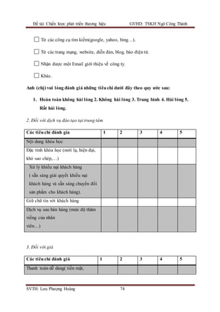 Đề tài: Chiến lược phát triển thương hiệu GVHD: TSKH Ngô Công Thành
SVTH: Lưu Phượng Hoàng 74
Từ các công cụ tìm kiếm(google, yahoo, bing…).
Từ các trang mạng, website, diễn đàn, blog, báo điện tử.
Nhận được một Email giới thiệu về công ty.
Khác.
Anh (chị) vui lòng đánh giá những tiêuchí dưới đây theo quy ước sau:
1. Hoàn toàn không hài lòng 2. Không hài lòng 3. Trung bình 4. Hài lòng 5.
Rất hài lòng.
2. Đối với dịch vụ đào tạo tại trung tâm
Các tiêuchí đánh gía 1 2 3 4 5
Nội dung khóa học
Đặc tính khóa học (mới lạ, hiện đại,
khó sao chép,…)
Xử lý khiếu nại khách hàng
( sẵn sàng giải quyết khiếu nại
khách hàng và sẵn sàng chuyển đổi
sản phẩm cho khách hàng).
Giữ chữ tín với khách hàng
Dịch vụ sau bán hàng (mức độ thăm
viếng của nhân
viên…)
3. Đối với giá
Các tiêuchí đánh giá 1 2 3 4 5
Thanh toán dễ dàng( tiền mặt,
 