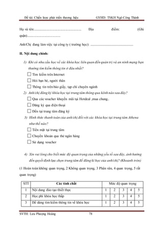 Đề tài: Chiến lược phát triển thương hiệu GVHD: TSKH Ngô Công Thành
SVTH: Lưu Phượng Hoàng 78
Họ và tên:...................................................... Địa điểm: (Ghi
quận)......................................
Anh/Chị đang làm việc tại công ty ( trường học): ....................................................
II. Nội dung chính:
1) Khi có nhu cầu học về các khóa học liên quan đến quản trị và an ninh mạng bạn
thường tìm kiếm thông tin ở đâu nhất?
Tìm kiếm trên Internet
Hỏi bạn bè, người thân
Thông tin trên báo giấy, tạp chí chuyên ngành
2) Anh/chị đăng ký khóa học tại trung tâm thông qua kênh nào sau đây?
Qua các voucher khuyến mãi tại Hotdeal ,mua chung..
Đăng ký qua điện thoại
Đến tại trung tâm đăng ký
3) Hình thức thanh toán của anh/chị đối với các khóa học tại trung tâm Athena
như thế nào?
Tiền mặt tại trung tâm
Chuyển khoản qua thẻ ngân hàng
Sử dụng voucher
4) Xin vui lòng cho biết mức độ quan trọng của những yếu tố sau đây, ảnh hưởng
đến quyết định lựa chọn trung tâm để đăng kí học của anh/chị? (Khoanh tròn)
(1 Hoàn toàn không quan trọng, 2 Không quan trọng, 3 Phân vân, 4 quan trọng, 5 rất
quan trọng)
STT Các tính chất Mức độ quan trọng
1 Nội dung đào tạo thiết thực 1 2 3 4 5
2 Học phí khóa học thấp 1 2 3 4 5
3 Dể dàng tìm kiếm thông tin về khóa học 1 2 3 4 5
 
