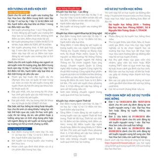 Thí sinh nộp hồ sơ trực tuyến tại đường dẫn
http://tuyensinh.hoasen.edu.vn/hoc-bong
hoặc nộp trực tiếp/ qua đường bưu điện về
địa chỉ:
Dự tuyển học bổng 2016 – Trường
Đại học Hoa Sen. Phòng NZ001, Số 8
Nguyễn Văn Tráng, Quận 1, TP.HCM
Hồ sơ gồm:	
■■ Phiếu đăng ký dự tuyển học bổng theo
mẫu;
■■ Thư tự giới thiệu bản thân: Nêu rõ hoàn
cảnh gia đình, mục tiêu học tập, nghề
nghiệp và lý do chọn ngành học và
trường Đại học Hoa Sen để thực hiện
mục tiêu (xem hướng dẫn tại đường dẫn
nộp hồ sơ trực tuyến ở trên).
■■ Hai thư giới thiệu của giáo viên chủ
nhiệm, giáo viên bộ môn hoặc BGH
trường THPT nắm rõ quá trình học tập,
kỷ luật, hoàn cảnh gia đình của học sinh;
■■ Một bản sao học bạ hoặc sổ liên lạc hoặc
các giấy tờ chứng nhận thành tích học
tập khác;
■■ Bản sao các giấy tờ minh chứng về hoàn
cảnh gia đình khó khăn đối với học bổng
vượt khó;
■■ Các hồ sơ minh chứng khác nếu có.
THỜI GIAN NỘP HỒ SƠ DỰ TUYỂN
HỌC BỔNG
■■ Đợt 1: từ 14/03/2016 đến 18/07/2016
dành cho thí sinh dự định đăng ký xét
tuyển nguyện vọng 1 vào Đại học Hoa
Sen hoặc đăng ký tuyển thẳng vào
trường;
■■ Đợt 2: (dự kiến) từ 01/08/2016 đến
15/08/2016 dành cho thí sinh đăng ký
xét tuyển nguyện vọng 1 vào Đại học
Hoa Sen (nếu còn suất học bổng);
■■ Đợt 3: (dự kiến) từ 20/08/2016 đến
05/09/2016 dành cho thí sinh đăng ký
xét tuyển nguyện vọng bổ sung vào Đại
học Hoa Sen (nếu còn suất học bổng).
Danh sách cấp học bổng sẽ công bố tại trang
http://tuyensinh.hoasen.edu.vn sau hai ngày
côngbốkếtquảtrúngtuyểnĐH,CĐcủatrường
Đại học Hoa Sen.
HỒ SƠ DỰ TUYỂN HỌC BỔNGHọc bổng Khuyến học
Khuyến học Đại học - Cao đẳng
■■ Đạt điểm trung bình năm lớp 10, lớp 11 và
học kỳ 1 lớp 12 từ 8.0 điểm trở lên đối với
bậc ĐH, 7.0 điểm trở lên đối với bậc CĐ;
■■ Hạnh kiểm xếp loại khá;
■■ Xét tuyển và trúng tuyển vào trường ĐH
Hoa Sen.
KhuyếnhọcnhómngànhKhoahọc&Côngnghệ
■■ Đạt điểm trung bình năm lớp 10, lớp 11
và học kỳ 1 lớp 12 từ 7.0 điểm trở lên,
hạnh kiểm xếp loại khá;
■■ Tổng điểm 3 môn đăng ký xét tuyển và
trúng tuyển vào các ngành Công nghệ
Thông tin; Truyền thông và Mạng máy
tính; Kỹ thuật Phần mềm; Quản lý Tài
nguyên và Môi trường; Hệ thống Thông
tin Quản lý; chuyên ngành Hệ thống
Thông tin Tài chính (ngành Toán ứng
dụng); chuyên ngành Quản lý Công
nghệ Môi trường (ngành Công nghệ Kỹ
thuật Môi trường), Công nghệ thực phẩm
(ngành dự kiến) từ 18 điểm trở lên (không
tính điểm ưu tiên, điểm chưa nhân hệ số),
trong đó điểm thi môn Toán từ 6.5 điểm
trở lên. (Thí sinh xét tuyển theo phương
thức 3, 4 hội đồng xét cấp học bổng sẽ
xem xét bổ sung, nếu có)
■■ Sinh viên không chuyển ngành trong
suốt quá trình học tại trường.
Khuyến học nhóm ngành Thiết kế
■■ Đạt điểm trung bình năm lớp 10, lớp 11
và học kỳ 1 lớp 12 từ 7.0 điểm trở lên,
hạnh kiểm xếp loại khá;
■■ Tổng điểm 3 môn đăng ký xét tuyển và
trúng tuyển vào các ngành Thiết kế thời
trang, Thiết kế đồ họa, Thiết kế nội thất
từ 18 điểm trở lên (không tính điểm ưu
tiên), trong đó điểm tuyển tập nghệ
thuật hoặc điểm thi năng khiếu từ 7 điểm
trở lên (Thí sinh xét tuyển theo phương
thức 3, 4 hội đồng xét cấp học bổng sẽ
xem xét bổ sung, nếu có)
■■ Sinh viên không chuyển ngành trong
suốt quá trình học tại trường.
ĐỐI TƯỢNG VÀ ĐIỀU KIỆN XÉT
Học bổng tài năng
Dành cho thí sinh xét tuyển vào trường Đại
học Hoa Sen: đạt điểm trung bình năm lớp
10, lớp 11 và học kỳ 1 lớp 12 từ 8.0 điểm trở
lên, hạnh kiểm xếp loại khá và thỏa 1 trong
các điều kiện sau đây:
■■ Xét tuyển phương thức 1 và 2: Tổng điểm
3 môn đăng ký xét tuyển vào trường ĐH
Hoa Sen từ 22 điểm trở lên (không tính
điểm ưu tiên, điểm chưa nhân hệ số).
■■ Xéttuyểnphươngthức 3:ĐiểmthiIELTS7.0
trở lên, hoặc điểm thiTOEFL iBT 95 trở lên.
■■ Xét tuyển phương thức 4: Kết quả học
tập 3 năm đạt từ loại giỏi trở lên, hạnh
kiểm xếp loại tốt và có điểm bài luận
đăng ký xét tuyển vào trường đạt từ 8.0
điểm trở lên.
Dành cho thí sinh tuyển thẳng vào ngành có
xét tuyển môn thi tương ứng, đạt điểm trung
bình năm lớp 10, lớp 11 và học kỳ 1 lớp 12 từ
8.0 điểm trở lên, hạnh kiểm xếp loại khá và
đạt một trong các yêu cầu sau:
■■ Tham gia tập huấn đội tuyển dự thi
Olympic khu vực và quốc tế một trong
các môn có môn thi xét tuyển; trong đội
tuyển tham dự hội thi sáng tạo khoa học
kỹ thuật quốc tế.
■■ Đạt giải nhất, nhì, ba trong kỳ thi chọn
học sinh giỏi quốc gia của một trong các
môn có môn thi xét tuyển.
■■ Đạt giải nhất, nhì, ba trong Hội thi khoa
học kỹ thuật do Bộ GD&ĐT tổ chức.
Đặc biệt, xét học bổng tài năng hoặc khuyến
học cho thí sinh có năng khiếu/ năng lực nổi
bật thể hiện qua các cuộc thi học sinh giỏi,
cuộc thi tài năng, dự án, sản phẩm hoặc ý
tưởng sáng tạo có tính ứng dụng phù hợp
với ngành đăng ký xét tuyển và trúng tuyển
tại trường (có hồ sơ minh chứng cụ thể).
Học bổng Vượt khó
■■ Đạt điểm trung bình năm lớp 10, lớp
11 và học kỳ 1 lớp 12 từ 6.5 điểm trở
lên, hạnh kiểm xếp loại khá;
■■ Xét tuyển và trúng tuyển vào trường
ĐH Hoa Sen;
■■ Hoàn cảnh gia đình khó khăn và có ý
chí phấn đấu trong học tập.
20
 