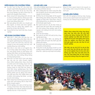 ĐIỂM MẠNH CỦA CHƯƠNG TRÌNH
■■ Ưu tiên “học từ thực tế”: Các môn học
chuyên ngành đều lồng ghép các chuyến
đi tham quan thực tế tại các nhà máy,
khu công nghiệp, các đơn vị khai thác và
quản lý tài nguyên thiên nhiên…
■■ Được trang bị kĩ năng tiếng Anh nổi trội
so với các trường đại học thông qua một
số môn chuyên ngành được giảng dạy
hoàn toàn bằng tiếng Anh.
■■ Đội ngũ giảng viên gồm các chuyên gia
đầu ngành, có nhiều năm kinh nghiệm
trong công tác giảng dạy, nghiên cứu
khoa học và làm việc thực tế.
■■ Trang thiết bị thực hành hiện đại, chuyên
nghiệp.
NỘI DUNG CHƯƠNG TRÌNH
■■ Năm thứ 1: Sinh viên chủ yếu học các
môn đại cương, đồng thời được tiếp cận
với ngành nghề đang học thông qua các
môn cơ bản như Sinh học, Hóa học đại
cương, Vi sinh môi trường, Hóa học môi
trường, Khoa học môi trường.
■■ Năm thứ 2: Các môn cơ sở ngành như
cơ sở Công nghệ môi trường, Sinh thái
học ứng dụng, Quản lý chất lượng môi
trường, Viễn thám và hệ thống thông tin
địa lý, Độc học môi trường, Năng lượng
và năng lượng tái tạo…
■■ Năm thứ 3 và năm thứ 4: Sinh viên được
học sâu vào các môn chuyên ngành
theo nhiều hướng khác nhau như Luật
và chính sách môi trường, Quan trắc và
phân tích môi trường, Qui hoạch môi
trường, Quản lý chất thải rắn, Quản lý
chất thải công nghiệp/nguy hại, Ứng
dụng GIS và viễn thám trong quản lý môi
trường, Đánh giá tác động môi trường,
sản xuất sạch hơn, ISO 14000, Kiểm soát
ô nhiễm môi trường, Sức khỏe - an toàn
vệ sinh môi trường.
■■ Thâm nhập thực tế thông qua kỳ thực tập
nhận thức môi trường, đồ án nhận thức,
đồ án chuyên ngành.
■■ Để tốt nghiệp, sinh viên có thể lựa chọn
1 trong 3 hình thức: Thực hiện khóa luận
tốt nghiệp, thực tập tốt nghiệp tại doanh
nghiệp hay học 3 môn thay thế.
Nhằm tăng cường khả năng ứng dụng
kiến thức vào thực tiễn, Bộ môn Môi
trường xây dựng chương trình “Kết nối
doanh nghiệp”, tạo điều kiện để doanh
nghiệp hỗ trợ sinh viên/giảng viên trong
công tác nghiên cứu khoa học, đồng
thời giải quyết các yêu cầu thực tế của
doanh nghiệp.
Đặc biệt, câu lạc bộ G.E.O và dự án Đại
học xanh Hoa Sen đã tạo sân chơi tích
cực và trải nghiệm thực tế cho sinh viên
thông qua hiện thực hóa kiến thức đã
học vào hoạt động bảo vệ môi trường
trong nhà trường cũng như ngoài xã hội.
Sinh viên ngành trong chuyến thực địa
CƠ HỘI VIỆC LÀM
SinhviêntốtnghiệpngànhQuảnlýtàinguyênvà
môi trường có thể làm việc tại:
■■ Viện, trường Đại học hoặc trung tâm đào
tạovànghiêncứuvềcôngnghệ,quảnlýtài
nguyên và môi trường;
■■ Sở Khoa học & Công nghệ, Sở Tài nguyên
Môi trường, Giao thông công chính, Nông
nghiệp và Phát triển nông thôn, công ty
Môi trường đô thị, các phòng/ ban quản lý
đô thị thuộc quận huyện;
■■ Ban quản lý dự án, các tổ chức trong và
ngoài nước liên quan đến môi trường đô
thị, môi trường công nghiệp, quản lý tài
nguyên môi trường và vệ sinh môi trường
nông thôn.
■■ Cảnh sát môi trường;
■■ Ban quản lý các khu chế xuất và khu công
nghiệp tập trung;
■■ Các cơ quan kiểm định, các phòng thí
nghiệm phân tích quan trắc đánh giá chất
lượng môi trường.
■■ Trung tâm nước sạch và vệ sinh môi trường,
trung tâm y tế dự phòng
■■ Trung tâm tư vấn xây dựng và dịch vụ môi
trường; công ty TNHH dịch vụ chuyển giao
khoa học - quản lý và kỹ thuật môi trường.
BẰNG CẤP
Bằng Cử nhân ngành Quản lý tài nguyên và
môi trường (nằm trong hệ thống văn bằng
quốc gia).
CƠ HỘI LIÊN THÔNG
Sinh viên tốt nghiệp có thể học tiếp chương
trìnhCaohọcngànhQuảnlýtàinguyênvàmôi
trường tại các trường trong và ngoài nước.
31
 