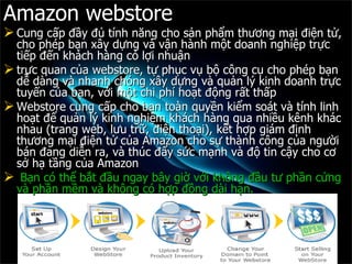 Amazon webstore  Cung c?p ??y ?? tnh n?ng cho s?n ph?m th??ng m?i ?i?n t?, cho php b?n x?y d?ng v v?n hnh m?t doanh nghi?p tr?c ti?p ??n khch hng c l?i nhu?n  tr?c quan c?a webstore, t? ph?c v? b? c?ng c? cho php b?n d? dng v nhanh chng x?y d?ng v qu?n l? kinh doanh tr?c tuy?n c?a b?n, v?i m?t chi ph ho?t ??ng r?t th?p  Webstore cung c?p cho b?n ton quy?n ki?m sot v tnh linh ho?t ?? qu?n l? kinh nghi?m khch hng qua nhi?u knh khc nhau (trang web, l?u tr?, ?i?n tho?i), k?t h?p gim ??nh th??ng m?i ?i?n t? c?a Amazon cho s? thnh c?ng c?a ng??i bn ?ang di?n ra, v thc ??y s?c m?nh v ?? tin c?y cho c? s? h? t?ng c?a Amazon  B?n c th? b?t ??u ngay b?y gi? v?i kh?ng ??u t? ph?n c?ng v ph?n m?m v kh?ng c h?p ??ng di h?n. 