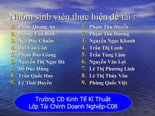 Nhm sinh vin th?c hi?n ?? ti :  Ph?m Quang An Hong V?n Bnh Ng? ??c Chu?n Bi V?n C?n  Ph?m B?o Giang Nguy?n Th? Ng?c H ?? ??c Hng Tr?n Qu?c Huy L? Thi Huy?n Ph?m Thu Huy?n Ph?m Thu H??ng Nguy?n Ng?c Khanh Tr?n Th? Lanh Tr?n Tng L?m Nguy?n V?n L?i L Th? Ph??ng Linh L Th? Thy V?n Phng Qu?c Vi?t Tr??ng C? Kinh T? K? Thu?t L?p Ti Chnh Doanh Nghi?p-C08 