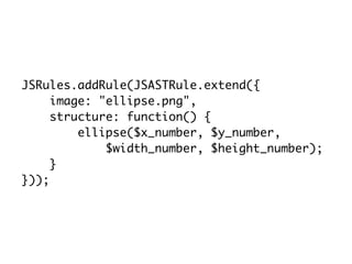 JSRules.addRule(JSASTRule.extend({
image: "ellipse.png",
structure: function() {
ellipse($x_number, $y_number, 
$width_number, $height_number);
}
}));
 