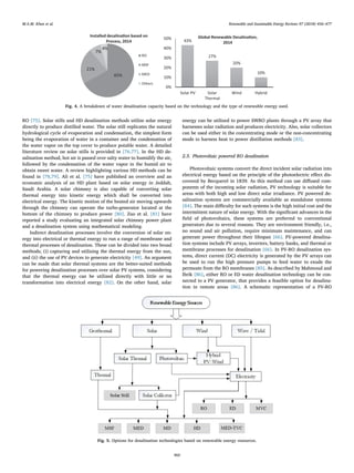 RO [75]. Solar stills and HD desalination methods utilize solar energy
directly to produce distilled water. The solar still replicates the natural
hydrological cycle of evaporation and condensation, the simplest form
being the evaporation of water in a container and the condensation of
the water vapor on the top cover to produce potable water. A detailed
literature review on solar stills is provided in [76,77]. In the HD de-
salination method, hot air is passed over salty water to humidify the air,
followed by the condensation of the water vapor in the humid air to
obtain sweet water. A review highlighting various HD methods can be
found in [78,79]. Ali et al. [75] have published an overview and an
economic analysis of an HD plant based on solar energy in Jeddah,
Saudi Arabia. A solar chimney is also capable of converting solar
thermal energy into kinetic energy which shall be converted into
electrical energy. The kinetic motion of the heated air moving upwards
through the chimney can operate the turbo-generator located at the
bottom of the chimney to produce power [80]. Zuo et al. [81] have
reported a study evaluating an integrated solar chimney power plant
and a desalination system using mathematical modeling.
Indirect desalination processes involve the conversion of solar en-
ergy into electrical or thermal energy to run a range of membrane and
thermal processes of desalination. These can be divided into two broad
methods; (i) capturing and utilizing the thermal energy from the sun,
and (ii) the use of PV devices to generate electricity [49]. An argument
can be made that solar thermal systems are the better-suited methods
for powering desalination processes over solar PV systems, considering
that the thermal energy can be utilized directly with little or no
transformation into electrical energy [82]. On the other hand, solar
energy can be utilized to power SWRO plants through a PV array that
harnesses solar radiation and produces electricity. Also, solar collectors
can be used either in the concentrating mode or the non-concentrating
mode to harness heat to power distillation methods [83].
2.3. Photovoltaic powered RO desalination
Photovoltaic systems convert the direct incident solar radiation into
electrical energy based on the principle of the photoelectric eﬀect dis-
covered by Becquerel in 1839. As this method can use diﬀused com-
ponents of the incoming solar radiation, PV technology is suitable for
areas with both high and low direct solar irradiance. PV powered de-
salination systems are commercially available as standalone systems
[84]. The main diﬃculty for such systems is the high initial cost and the
intermittent nature of solar energy. With the signiﬁcant advances in the
ﬁeld of photovoltaics, these systems are preferred to conventional
generators due to several reasons. They are environment friendly, i.e.,
no sound and air pollution, require minimum maintenance, and can
generate power throughout their lifespan [66]. PV-powered desalina-
tion systems include PV arrays, inverters, battery banks, and thermal or
membrane processes for desalination [66]. In PV-RO desalination sys-
tems, direct current (DC) electricity is generated by the PV arrays can
be used to run the high pressure pumps to feed water to exude the
permeate from the RO membranes [85]. As described by Mahmoud and
Ibrik [86], either RO or ED water desalination technology can be con-
nected to a PV generator, that provides a feasible option for desalina-
tion in remote areas [86]. A schematic representation of a PV-RO
Fig. 4. A breakdown of water desalination capacity based on the technology and the type of renewable energy used.
Fig. 5. Options for desalination technologies based on renewable energy resources.
M.A.M. Khan et al. Renewable and Sustainable Energy Reviews 97 (2018) 456–477
460
 