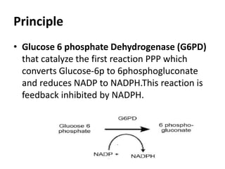 Principle
• Glucose 6 phosphate Dehydrogenase (G6PD)
that catalyze the first reaction PPP which
converts Glucose-6p to 6phosphogluconate
and reduces NADP to NADPH.This reaction is
feedback inhibited by NADPH.
 