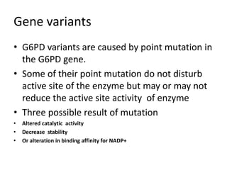 Gene variants
• G6PD variants are caused by point mutation in
the G6PD gene.
• Some of their point mutation do not disturb
active site of the enzyme but may or may not
reduce the active site activity of enzyme
• Three possible result of mutation
• Altered catalytic activity
• Decrease stability
• Or alteration in binding affinity for NADP+
 