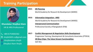 Khandakar Shojibul Alam
HR & HRIS Professional
+88 01754002362
shojib2603.cs@gmail.com
/shojibulalam.shojib
/Shojibul Alam Shojib
Training Participation
2015 - HR Planning
World Academy for Research & Development (WARD)
2016 - Information Integration - HRIS
World Academy for Research & Development (WARD)
Interpersonal Communication
Professional Society of Bangladesh (PSB)
2017 - Conflict Management & Negotiation Skills Development
Progressive Training, Development & Consultants Associates (PTDCA)
HR Blue Chips: The Value Stream Functionalities
Skill Wiz
 