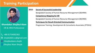 Khandakar Shojibul Alam
HR & HRIS Professional
+88 01754002362
shojib2603.cs@gmail.com
/shojibulalam.shojib
/Shojibul Alam Shojib
Training Participation
2018 - Secret of Successful Leadership
Bangladesh Society of Human Recourse Management (BSHRM)
Competency Mapping for HR
Bangladesh Society of Human Recourse Management (BSHRM)
Techniques for Result Oriented Communication
Progressive Training, Development & Consultants Associates (PTDCA)
 