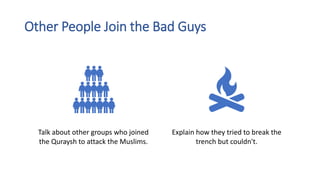 Other People Join the Bad Guys
Talk about other groups who joined
the Quraysh to attack the Muslims.
Explain how they tried to break the
trench but couldn't.
 