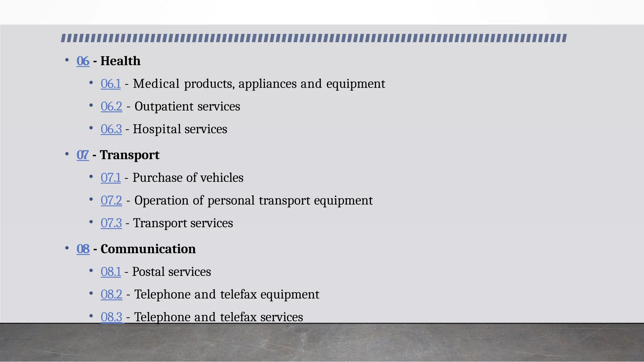 • 06 - Health
• 06.1 - Medical products, appliances and equipment
• 06.2 - Outpatient services
• 06.3 - Hospital services
• 07 - Transport
• 07.1 - Purchase of vehicles
• 07.2 - Operation of personal transport equipment
• 07.3 - Transport services
• 08 - Communication
• 08.1 - Postal services
• 08.2 - Telephone and telefax equipment
• 08.3 - Telephone and telefax services
 
