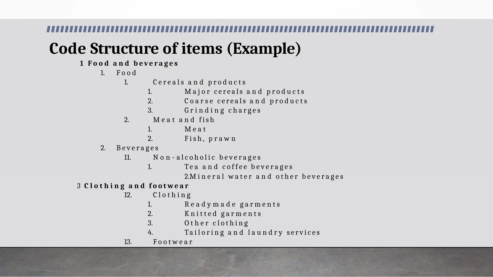 Code Structure of items (Example)
1 F o o d a n d b e ve r a g e s
1. F o o d
1. C e r e a l s a n d p r o d u c t s
1. M a j o r c e r e a l s a n d p r o d u c t s
2. C o a r s e c e r e a l s a n d p r o d u c t s
3. G r i n d i n g c h a r g e s
2. M e a t a n d f i s h
1. M e a t
2. F i s h , p r a w n
2. B e v e r a g e s
11. N o n - a l c o h o l i c b e v e r a g e s
1. Te a a n d c o f f e e b e v e r a g e s
2.M i n e r a l w a t e r a n d o t h e r b e v e r a g e s
3 C l o t h i n g a n d f o o t w e a r
12. C l o t h i n g
1. R e a d y m a d e g a r m e n t s
2. K n i t t e d g a r m e n t s
3. O t h e r c l o t h i n g
4. Ta i l o r i n g a n d l a u n d r y s e r v i c e s
13. F o o t w e a r
 