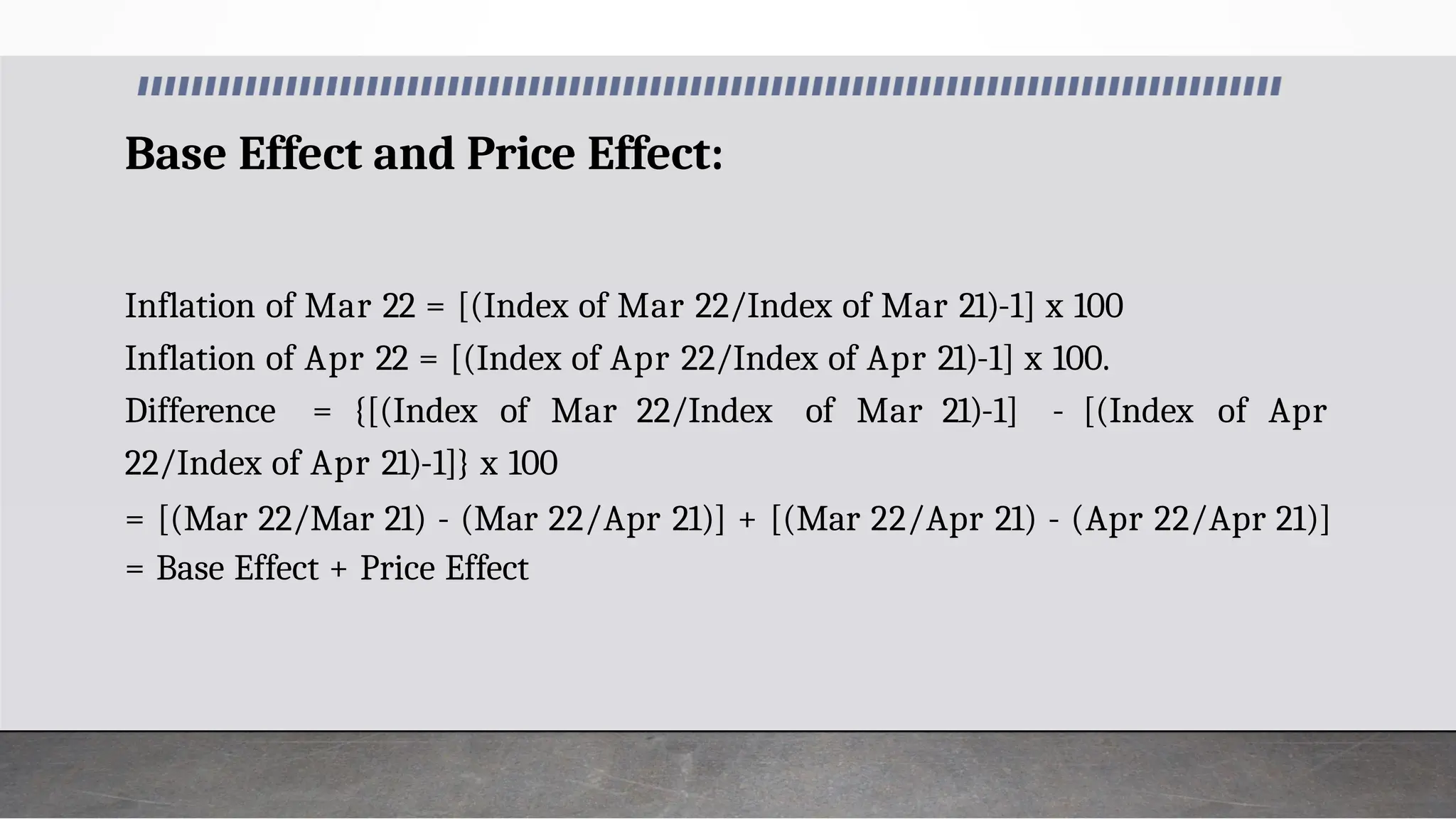 Inflation of Mar 22 = [(Index of Mar 22/Index of Mar 21)-1] x 100
Inflation of Apr 22 = [(Index of Apr 22/Index of Apr 21)-1] x 100.
Difference = {[(Index of Mar 22/Index of Mar 21)-1] - [(Index of Apr
22/Index of Apr 21)-1]} x 100
= [(Mar 22/Mar 21) - (Mar 22/Apr 21)] + [(Mar 22/Apr 21) - (Apr 22/Apr 21)]
= Base Effect + Price Effect
Base Effect and Price Effect:
 