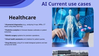 Current use cases
AI
Healthcare
• AI-powered diagnostics (e.g., analyzing X-rays, MRIs, CT
scans using deep learning).
• Predictive analytics to forecast disease outbreaks or patient
outcomes.
• Robotic surgery systems for precision operations.
• Virtual health assistants and chatbots for patient queries.
• Drug discovery using AI to model biological systems and test
compounds faster.
 