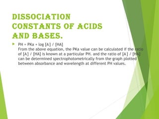 Dissociation
constants of aciDs
anD bases.
 PH = PKa + log [A-
] / [HA]
From the above equation, the PKa value can be calculated if the ratio
of [A-
] / [HA] is known at a particular PH. and the ratio of [A-
] / [HA]
can be determined spectrophotometrically from the graph plotted
between absorbance and wavelength at different PH values.
 